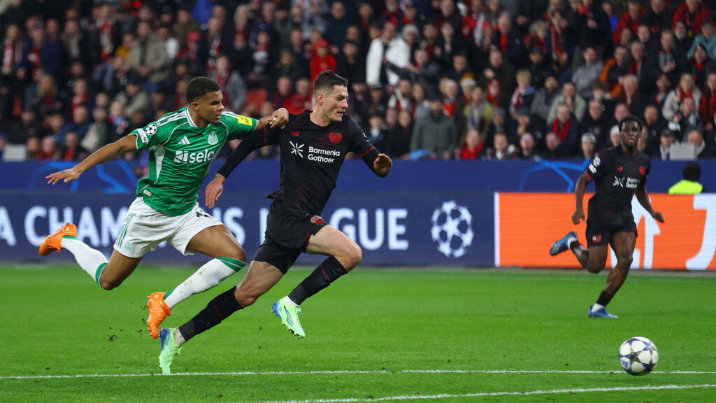 Malick Thiaw Newcastle Tackle Patrik Schick Leverkusen